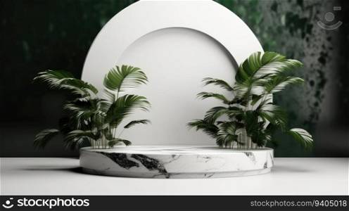 White marble cylinder podium in white background. decor by palm, monstera leaves scene stage mockup showcase for product, sale, banner, discount, presentation, cosmetic