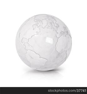 White Marble globe 3D illustration North and South America map on white background