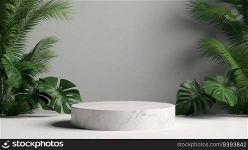 White marble podium with big green leaves. Marble podium. Product presentation, mock up, show cosmetic product.