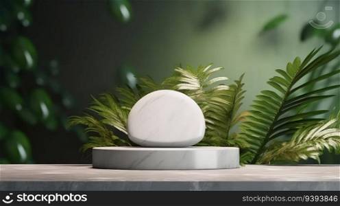 White marble podium with big green leaves. Marble podium. Product presentation, mock up, show cosmetic product.