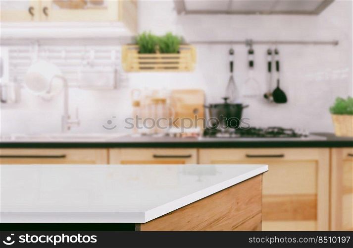 White marble texture table top on blurred kitchen background for montage or display your products. 