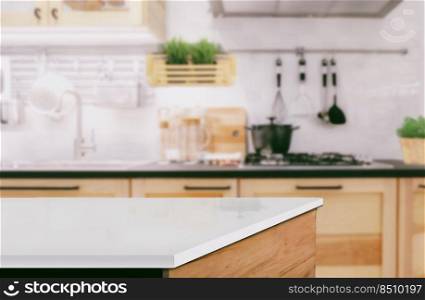 White marble texture table top on blurred kitchen background for montage or display your products. 