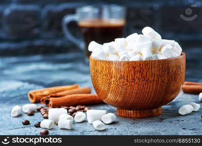 white marshmellow in bowl and on a table