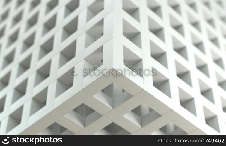 White mesh box with depth of field background. Abstract and Creativity backdrop concept. Focus on corner. 3D illustration rendering graphic design