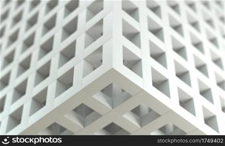 White mesh box with depth of field background. Abstract and Creativity backdrop concept. Focus on corner. 3D illustration rendering graphic design