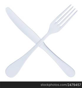 White metal knife and fork crossed, isolated on white background
