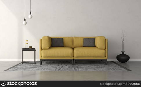 White minimalist living room with yellow sofa on gray carpet - 3d rendering. White minimalist living room with yellow sofa