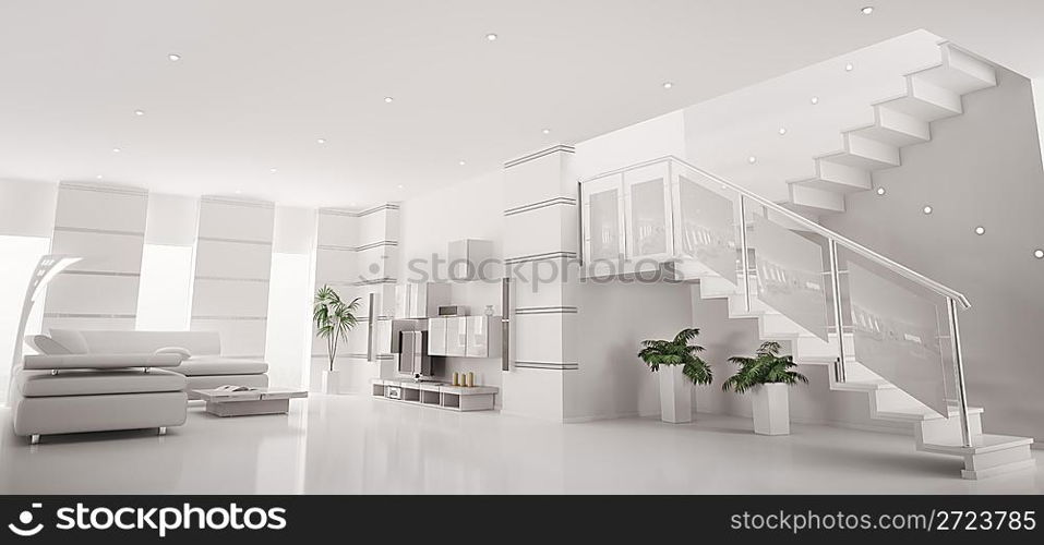 White modern apartment with staircase interior panorama 3d render