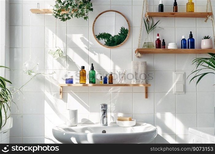 White modern bathroom in eco friendly stile. Shadows from the window on the tile wall at sunny day. Zero waste, eco friendly products, sustainability. White modern bathroom