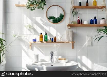 White modern bathroom in eco friendly stile. Shadows from the window on the tile wall at sunny day. Zero waste, eco friendly products, sustainability. White modern bathroom