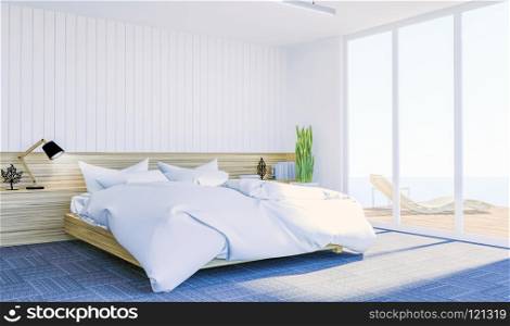 White modern contemporary bedroom interior with copy space on wall for mock up, 3D Rendering