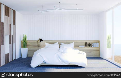 White modern contemporary bedroom interior with copy space on wall for mock up, 3D Rendering