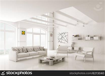 White modern living room interior with sofa and armchairs 3d rendering
