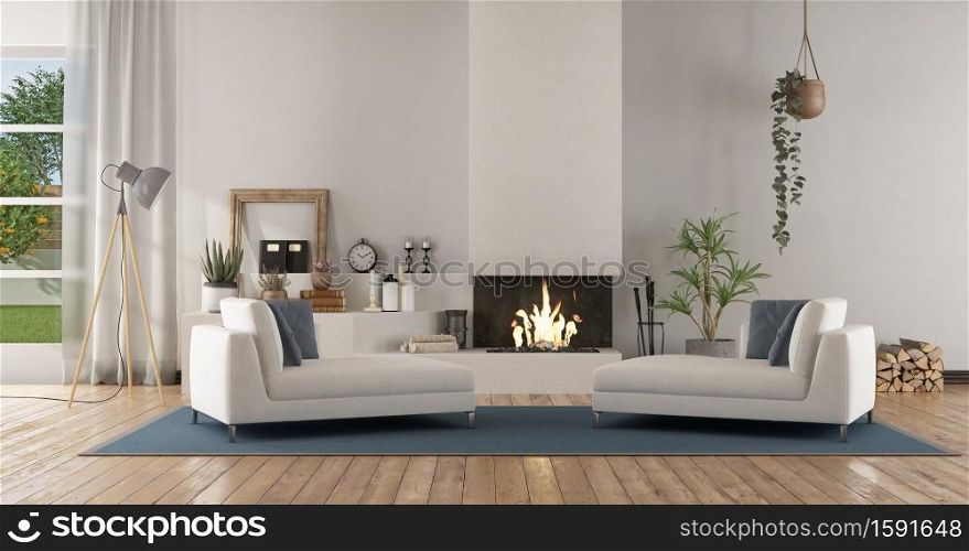 White modern living room with fireplace and two chaise lounge - 3d rendering. White modern living room with fireplace