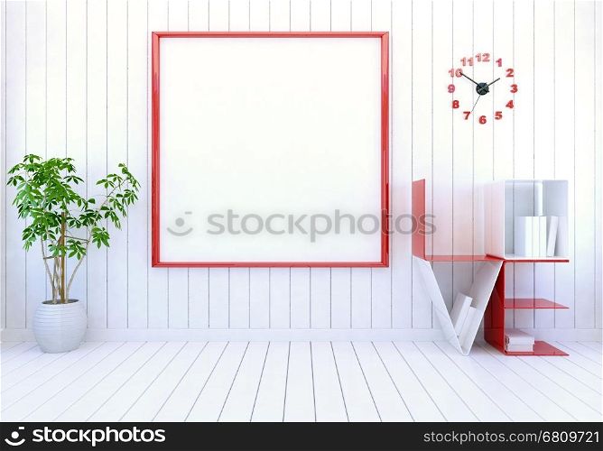 White modern room interior with empty photo frame on wall and word Love book shelf for Valentine's day, 3D rendering