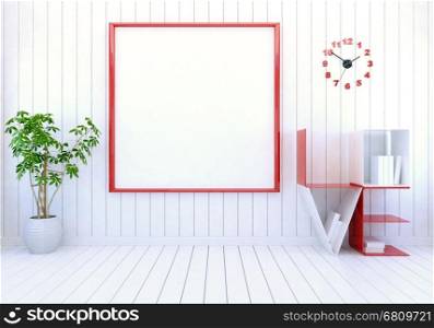 White modern room interior with empty photo frame on wall and word Love book shelf for Valentine's day, 3D rendering