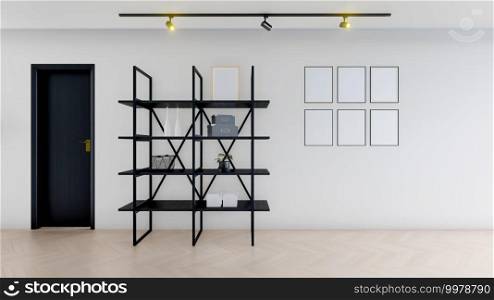 White modern room With black shelf, with picture frame. Mockup frame in White modern interior background. 3d render