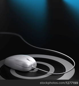 White mouse over a target with wire, black background, blue reflection and blur effect. Square image. webmarketing or e-marketing