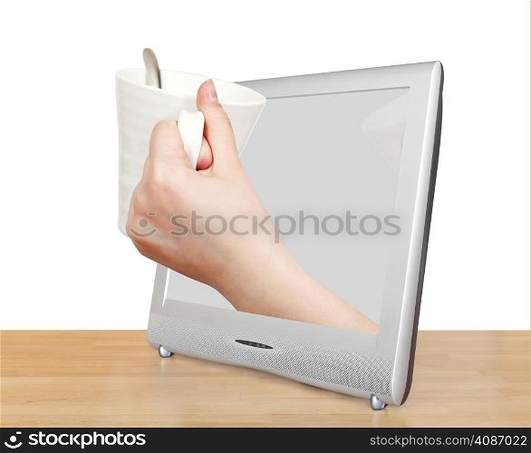 white mug in hand leans out TV screen isolated on white background