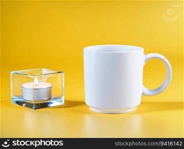 White mug mockup and a candle on a yellow background. Generative AI.