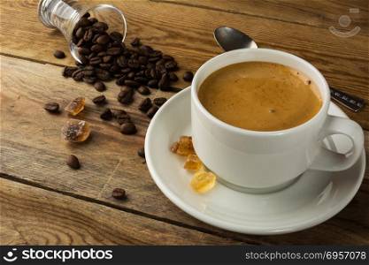 White mug of morning coffee. Coffee cup. Cup of coffee. Strong coffee. Morning coffee. White mug of morning coffee