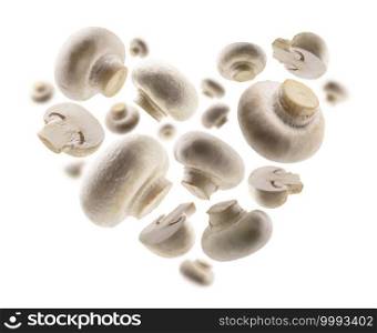 White mushrooms in the shape of a heart on a white background.. White mushrooms in the shape of a heart on a white background