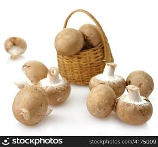 White Mushrooms With Basket ,Close Up