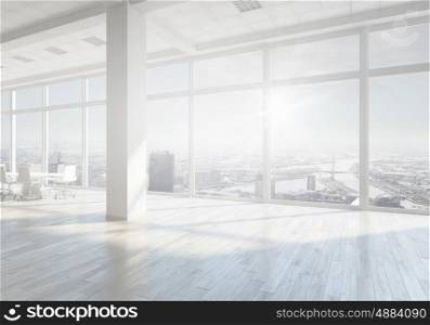 White office interior. White office 3D render interior in day light. Mixed media