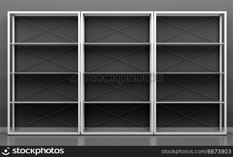 white office shelves in front of gray wall. 3d illustration
