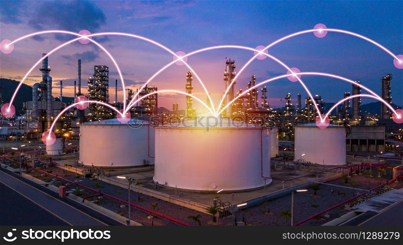 White oil storage tank farm at refinery petrochemical plant industrial zone, Business commercial industry power and energy chemical fuel petroleum product factory, Logistic and transportation concept.