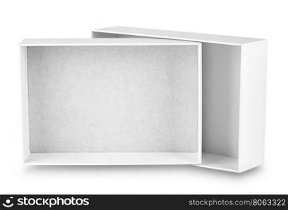 White open box standing on its side isolated on white background. White open box standing on its side