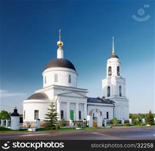 White orthodox church in Radonezh village, Russia