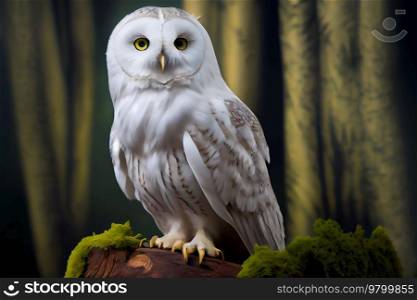 White owl sits on a tree in the forest. Illustration AI Generative 