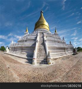White Pagoda at Inwa ancient city. Amazing architecture of old Buddhist Temples. Myanmar (Burma) travel landscapes and destinations. Four images panorama