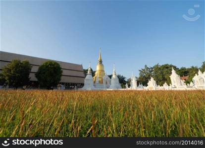 White pagoda or stupa of Wat Suan Dok buddhist Temple, Chiang Mai City, Thailand. Thai architecture. Tourist attraction landmark.