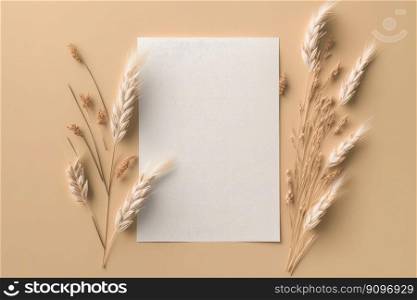 White paper empty blank dried grass decoration on bei≥. Illustration Ge≠rative AI 