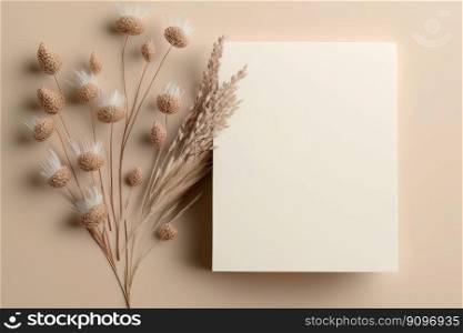 White paper empty blank dried grass decoration on beige. Illustration Generative AI 
