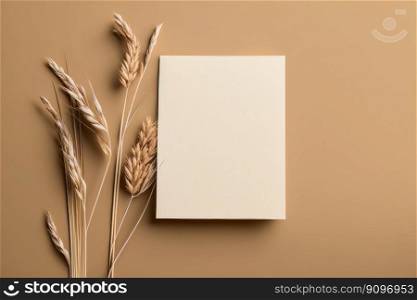 White paper empty blank dried grass decoration on beige. Illustration Generative AI 