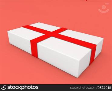 White paper gift box with red ribbons on a red background. 3d render illustration.. White paper gift box with red ribbons on a red background. 
