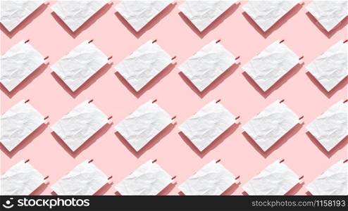 White paper pattern from blank crumpled sheets with small clothespins on a pastel pink background, hard shadows. Can be used for your creativity. Flat lay.. Paper background from empty crumpled sheets.