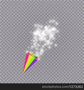 White party popper with exploding confetti particles isolated on transparent background. Dotted paper cone with sparkling stars. Festive or magic decoration. Vector holiday illustration. White party popper with exploding confetti particles isolated on transparent background. Dotted paper cone with sparkling stars. Festive or magic decoration. Vector holiday illustration.