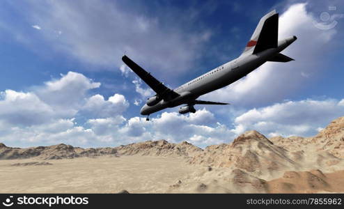 White passenger plane flying in the blue sky above the mountains made in 3d software