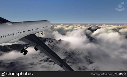 White passenger plane flying in the blue sky above the mountains made in 3d software