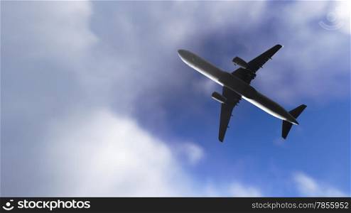 White passenger plane flying in the blue sky m ade in 3d software