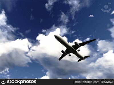 White passenger plane flying in the blue sky m ade in 3d software