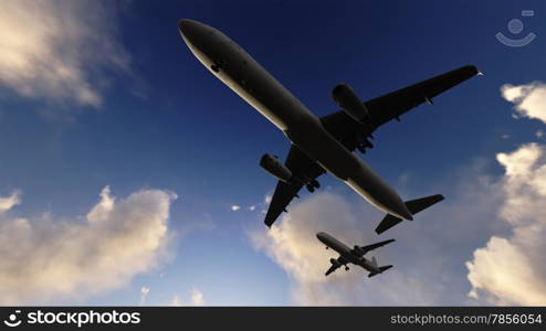 White passenger plane flying in the blue sky m ade in 3d software