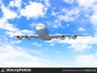 White passenger plane flying in the blue sky with white clouds around