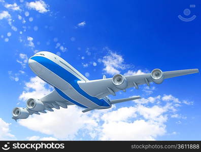 White passenger plane flying in the blue sky with white clouds around