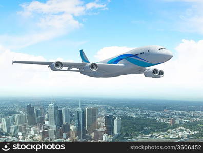 White passenger plane flying in the day blue sky above a city