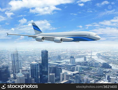 White passenger plane flying in the day blue sky above a city